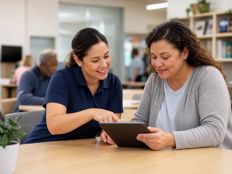 People reviewing program details and online forms